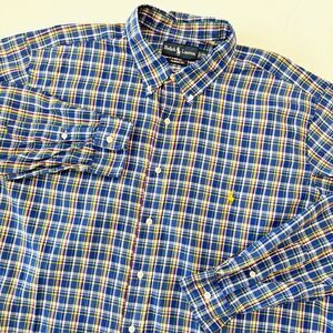 Polo Ralph Lauren Mens 2XB Oxford Dress Shirt Blue Plaid Classic Fit Preppy EUC